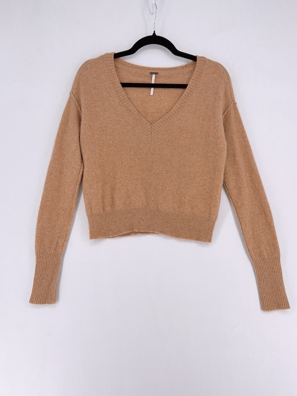 NWOT Free People Sweater Camel Cashmere Deep V-Neck Cropped Pullover SIZE S